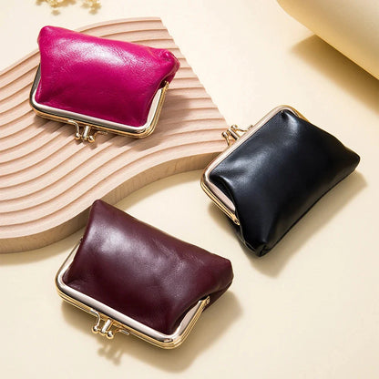 Women's Oil Wax Leather Mini Wallet ID Credit Cards Cash Holder Case Organizer with Kiss Button Closures Coin Purse