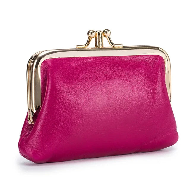 Women's Oil Wax Leather Mini Wallet ID Credit Cards Cash Holder Case Organizer with Kiss Button Closures Coin Purse