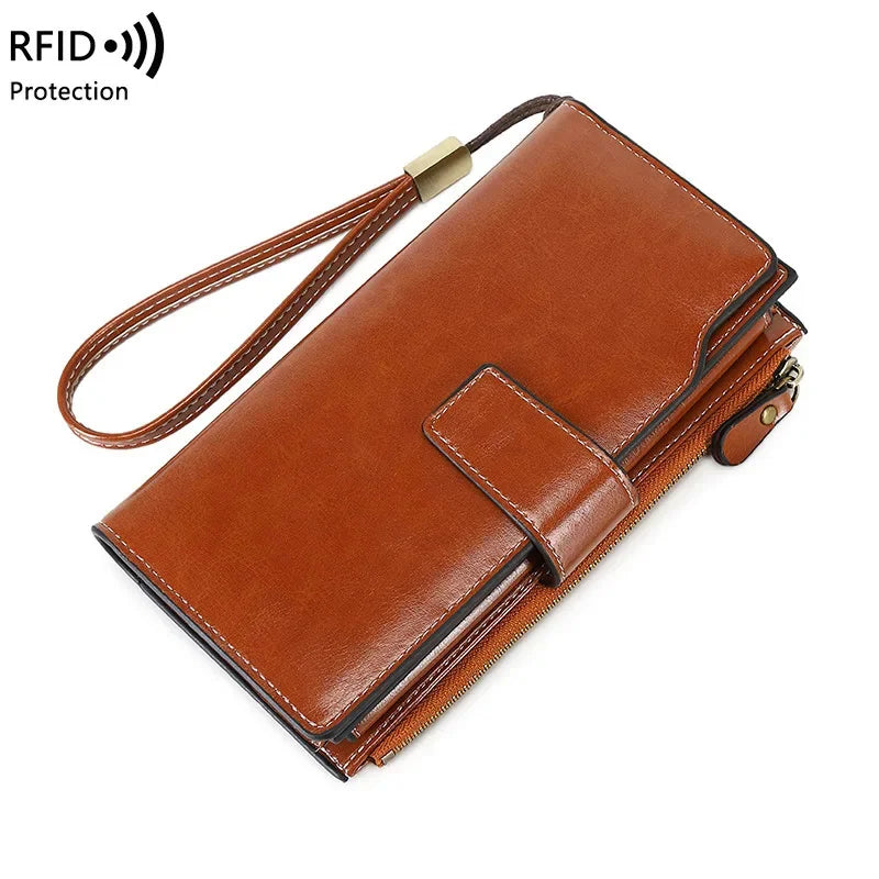Women's PU RFID Anti-theft Brush Long Oil Wax Leather Retro Wallet European And American Large Capacity Handbag