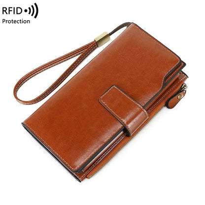 Women's PU RFID Anti-theft Brush Long Oil Wax Leather Retro Wallet European And American Large Capacity Handbag