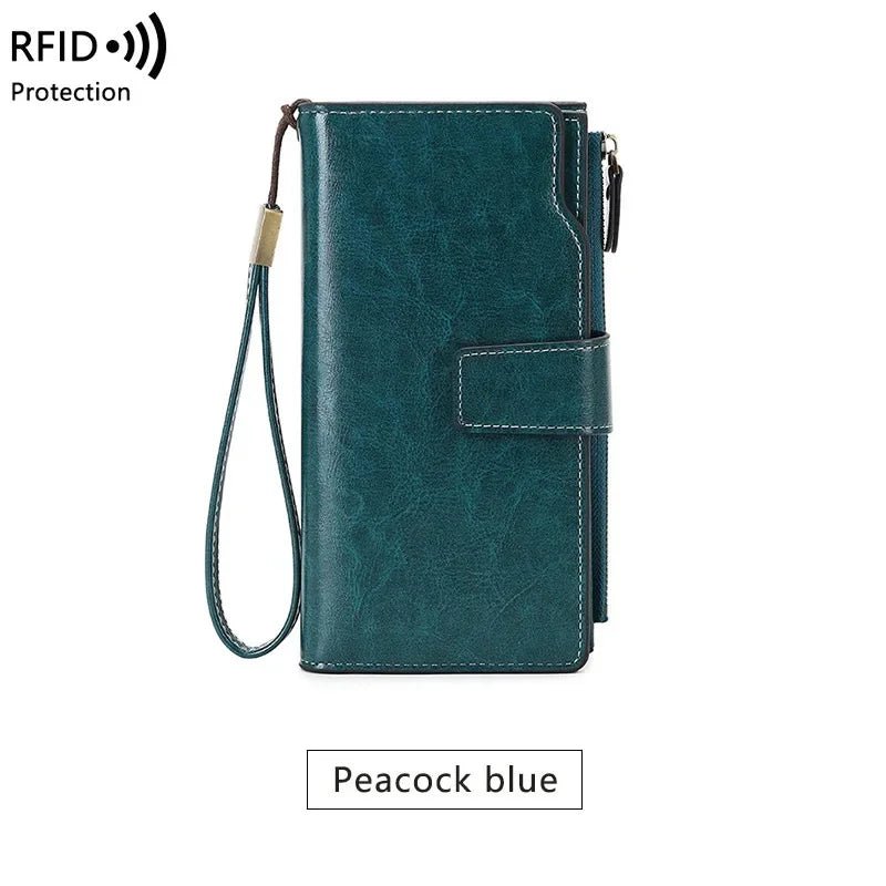 Women's PU RFID Anti-theft Brush Long Oil Wax Leather Retro Wallet European And American Large Capacity Handbag