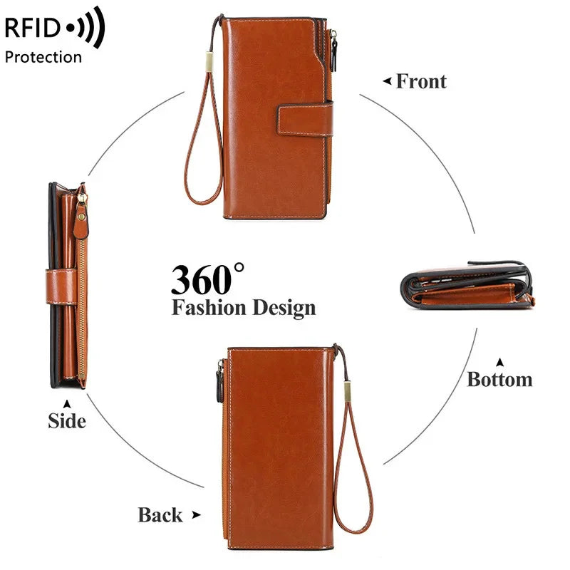 Women's PU RFID Anti-theft Brush Long Oil Wax Leather Retro Wallet European And American Large Capacity Handbag