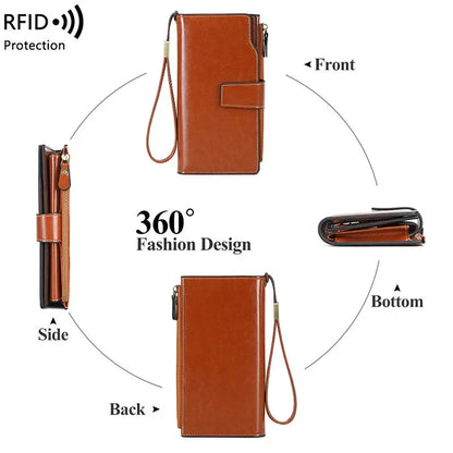 Women's PU RFID Anti-theft Brush Long Oil Wax Leather Retro Wallet European And American Large Capacity Handbag