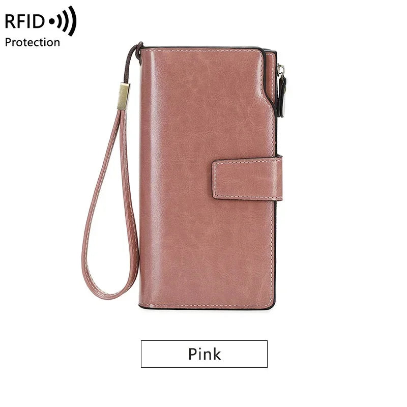 Women's PU RFID Anti-theft Brush Long Oil Wax Leather Retro Wallet European And American Large Capacity Handbag