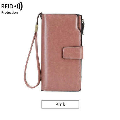 Women's PU RFID Anti-theft Brush Long Oil Wax Leather Retro Wallet European And American Large Capacity Handbag