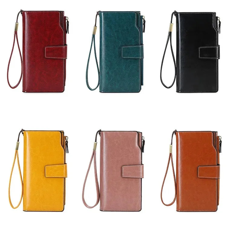 Women's PU RFID Anti-theft Brush Long Oil Wax Leather Retro Wallet European And American Large Capacity Handbag