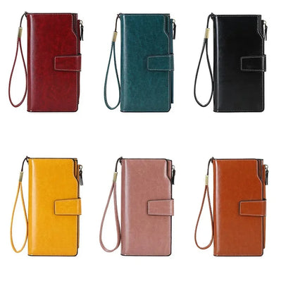 Women's PU RFID Anti-theft Brush Long Oil Wax Leather Retro Wallet European And American Large Capacity Handbag