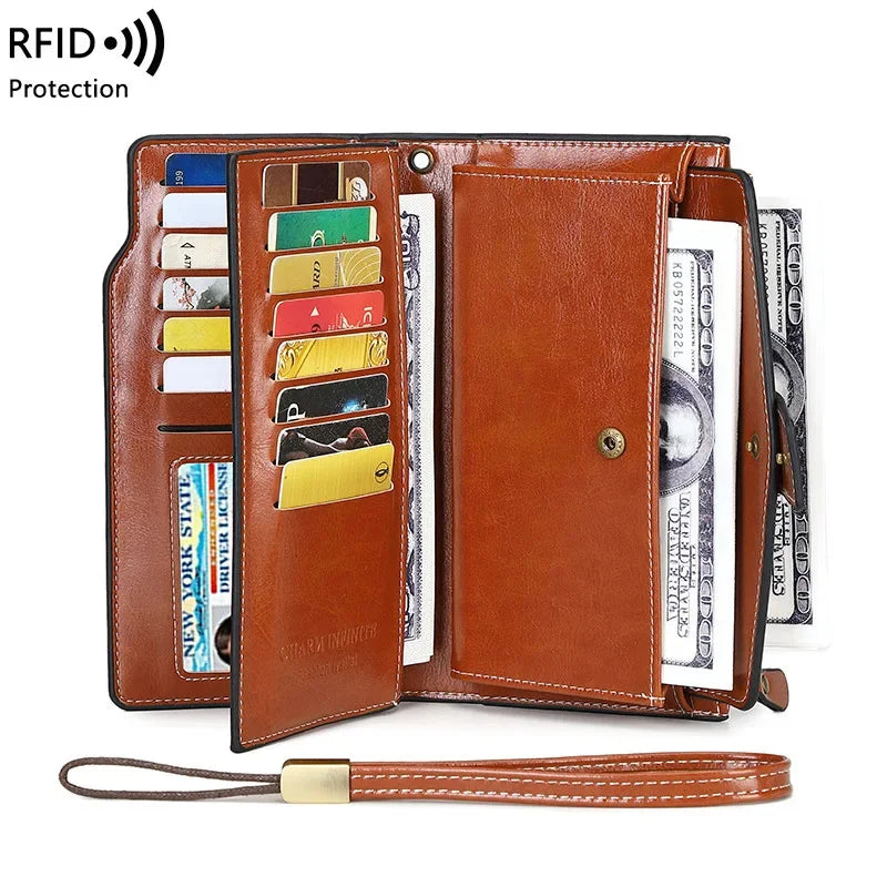 Women's PU RFID Anti-theft Brush Long Oil Wax Leather Retro Wallet European And American Large Capacity Handbag