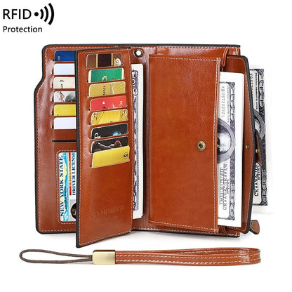 Women's PU RFID Anti-theft Brush Long Oil Wax Leather Retro Wallet European And American Large Capacity Handbag
