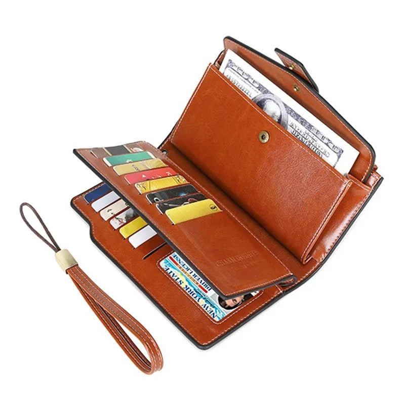 Women's PU RFID Anti-theft Brush Long Oil Wax Leather Retro Wallet European And American Large Capacity Handbag