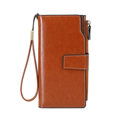 Women's PU RFID Anti-theft Brush Long Oil Wax Leather Retro Wallet European And American Large Capacity Handbag