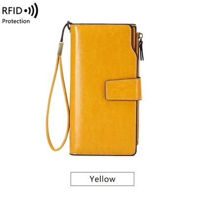 Women's PU RFID Anti-theft Brush Long Oil Wax Leather Retro Wallet European And American Large Capacity Handbag