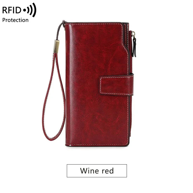 Women's PU RFID Anti-theft Brush Long Oil Wax Leather Retro Wallet European And American Large Capacity Handbag