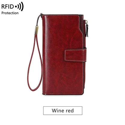 Women's PU RFID Anti-theft Brush Long Oil Wax Leather Retro Wallet European And American Large Capacity Handbag