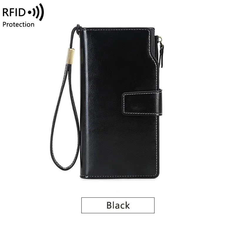 Women's PU RFID Anti-theft Brush Long Oil Wax Leather Retro Wallet European And American Large Capacity Handbag