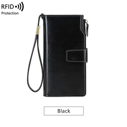 Women's PU RFID Anti-theft Brush Long Oil Wax Leather Retro Wallet European And American Large Capacity Handbag