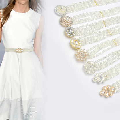 Women's Pearl Chain Decorative Fashionable and Sweet Girl Waist Elastic Adjustable Belt