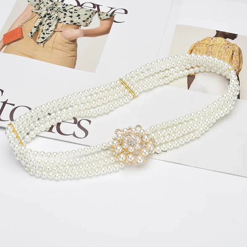 Women's Pearl Chain Decorative Fashionable and Sweet Girl Waist Elastic Adjustable Belt