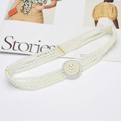 Women's Pearl Chain Decorative Fashionable and Sweet Girl Waist Elastic Adjustable Belt
