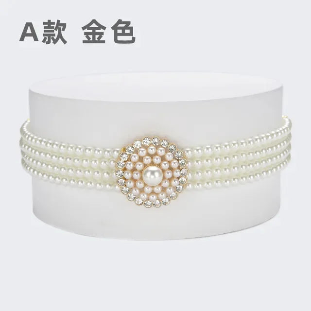 Women's Pearl Chain Decorative Fashionable and Sweet Girl Waist Elastic Adjustable Belt
