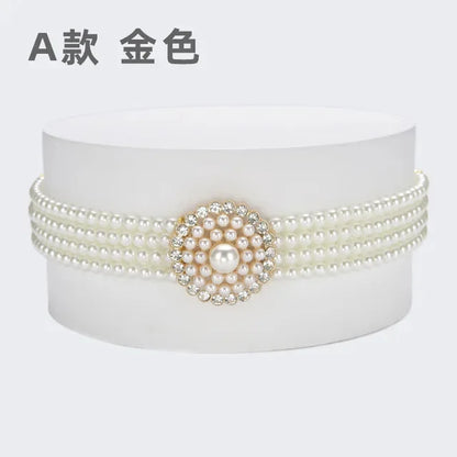 Women's Pearl Chain Decorative Fashionable and Sweet Girl Waist Elastic Adjustable Belt