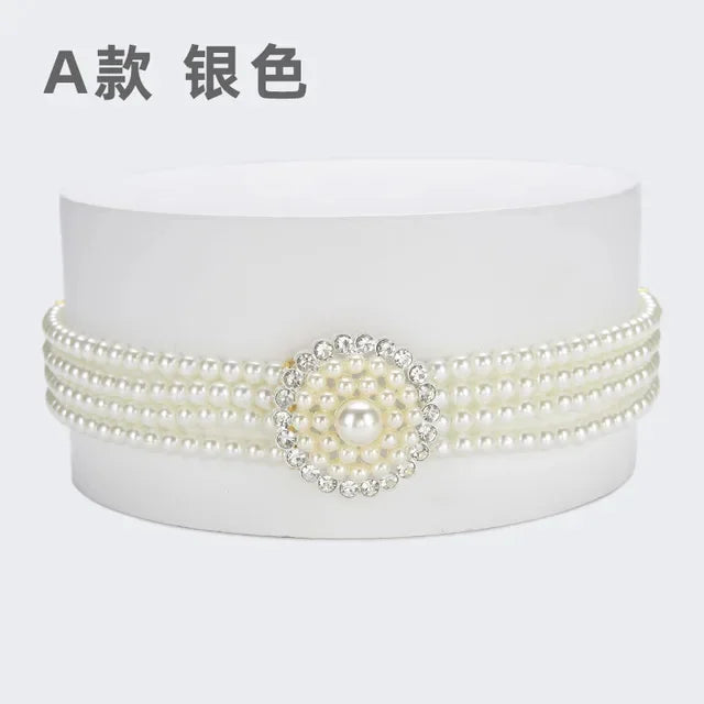 Women's Pearl Chain Decorative Fashionable and Sweet Girl Waist Elastic Adjustable Belt