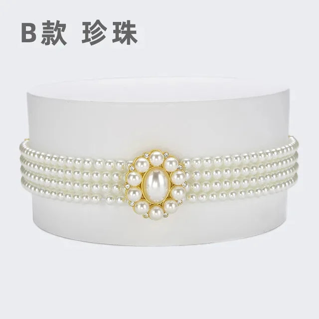 Women's Pearl Chain Decorative Fashionable and Sweet Girl Waist Elastic Adjustable Belt