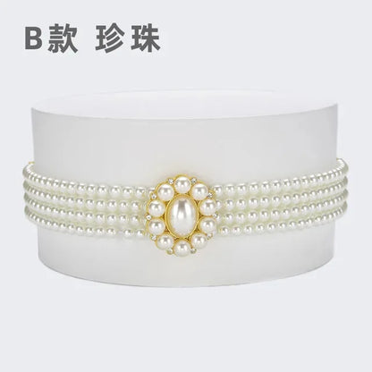 Women's Pearl Chain Decorative Fashionable and Sweet Girl Waist Elastic Adjustable Belt