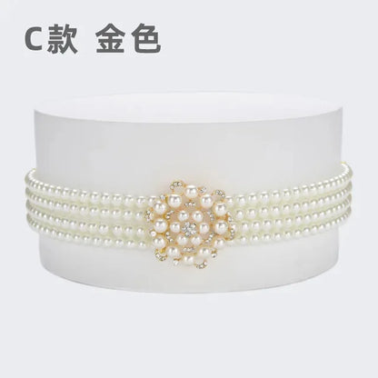 Women's Pearl Chain Decorative Fashionable and Sweet Girl Waist Elastic Adjustable Belt
