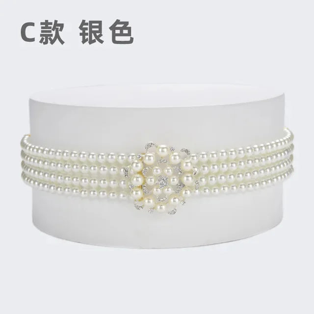 Women's Pearl Chain Decorative Fashionable and Sweet Girl Waist Elastic Adjustable Belt