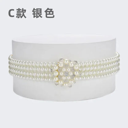 Women's Pearl Chain Decorative Fashionable and Sweet Girl Waist Elastic Adjustable Belt