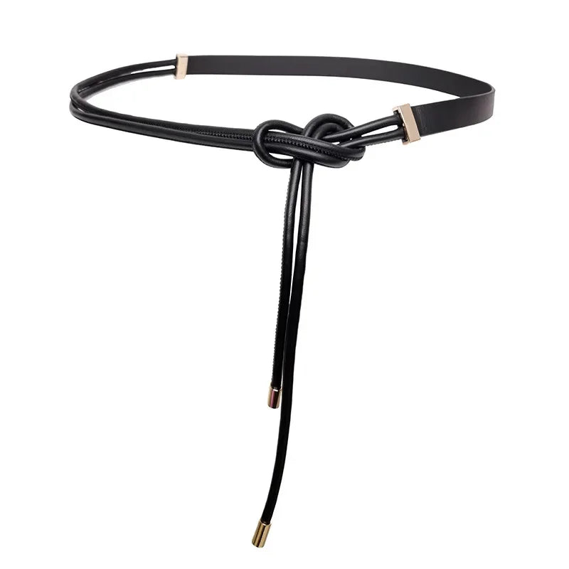 Women's Pure Sheepskin Thin Ladies Leather All-match Knotted Decorative Small Belt with Dress Shirt Luxury Designer