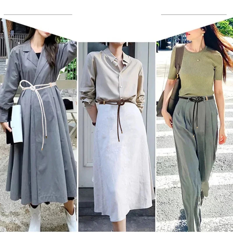 Women's Pure Sheepskin Thin Ladies Leather All-match Knotted Decorative Small Belt with Dress Shirt Luxury Designer