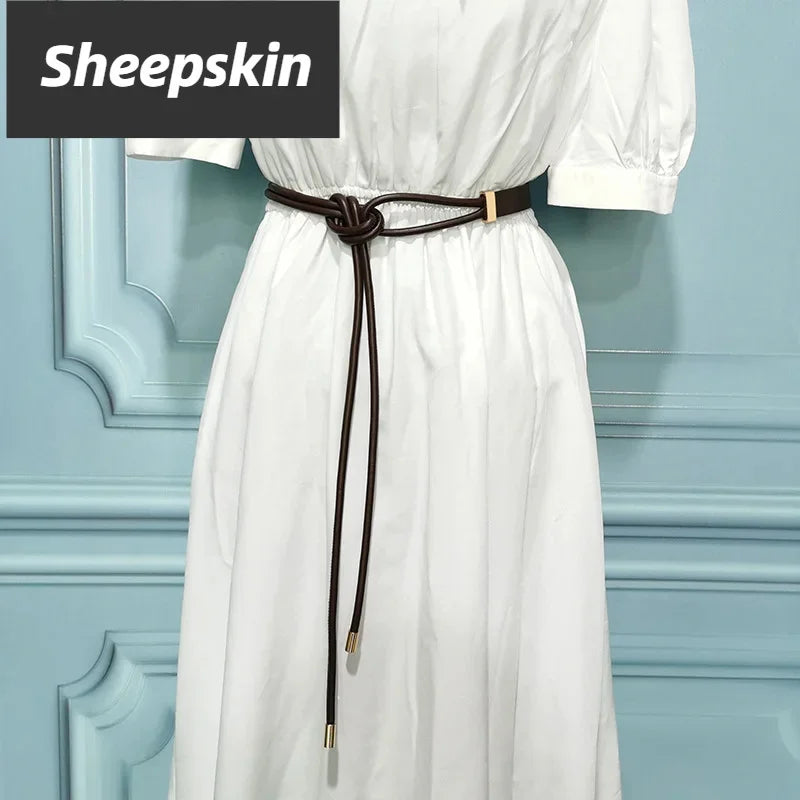 Women's Pure Sheepskin Thin Ladies Leather All-match Knotted Decorative Small Belt with Dress Shirt Luxury Designer