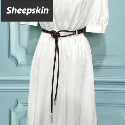 Women's Pure Sheepskin Thin Ladies Leather All-match Knotted Decorative Small Belt with Dress Shirt Luxury Designer