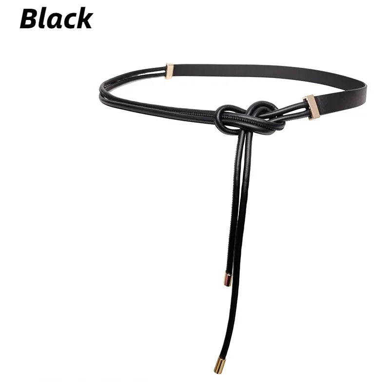 Women's Pure Sheepskin Thin Ladies Leather All-match Knotted Decorative Small Belt with Dress Shirt Luxury Designer