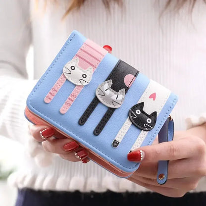 Women's Purse Short Cute Cat Print Mini Two-fold Folding Coin Purse Delicate Fringe Multi-functional Student Girls Teen Wallet