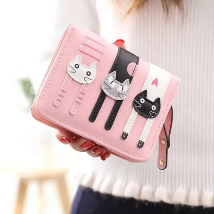Women's Purse Short Cute Cat Print Mini Two-fold Folding Coin Purse Delicate Fringe Multi-functional Student Girls Teen Wallet