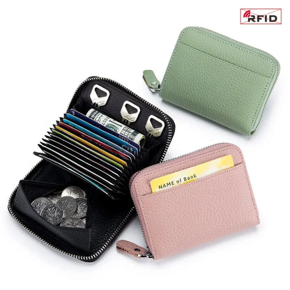 Women's RFID Blocking Credit Wallet Minimalist Genuine Leather Zippered Small Coin Purse Organ Card Holder with 3 Key Slot