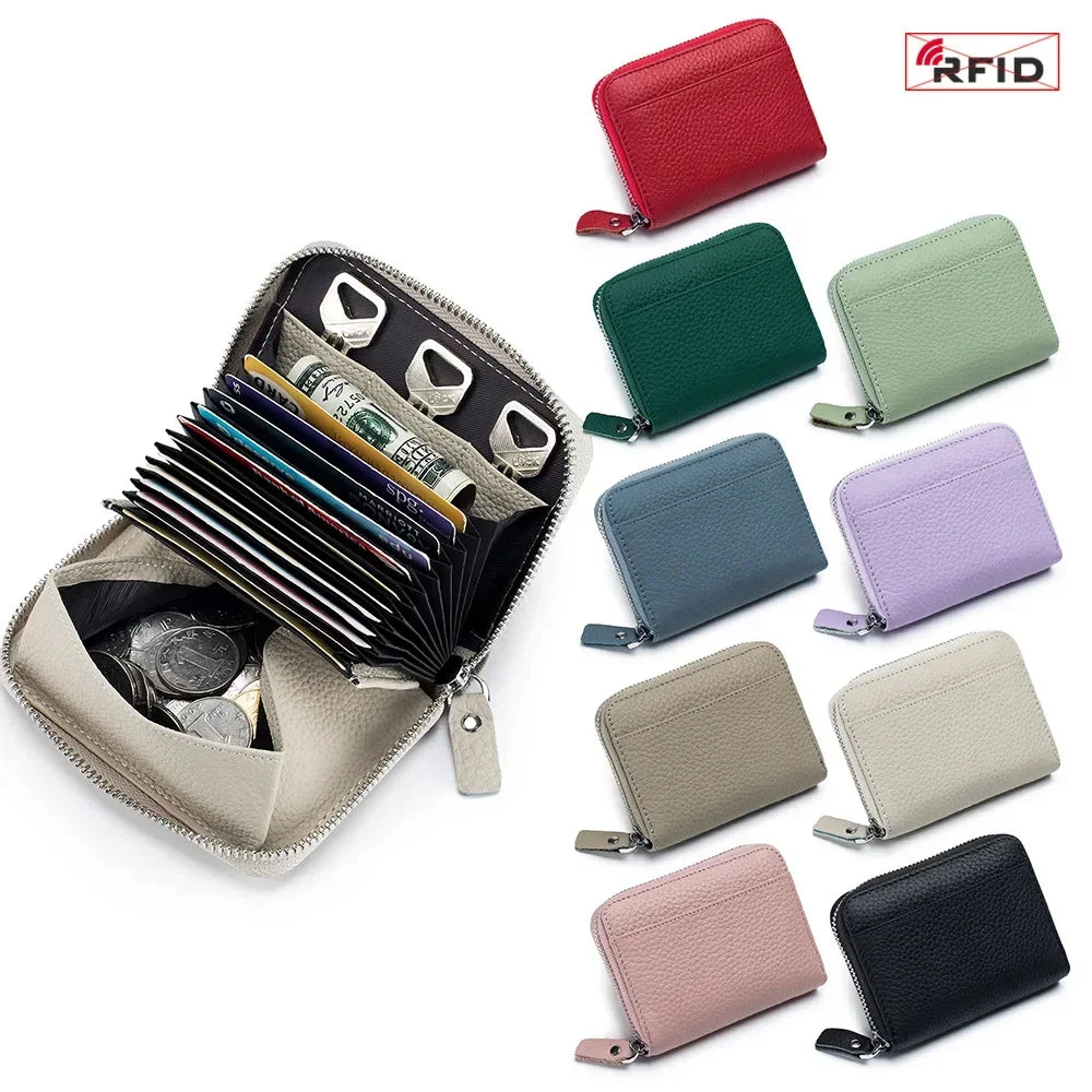 Women's RFID Blocking Credit Wallet Minimalist Genuine Leather Zippered Small Coin Purse Organ Card Holder with 3 Key Slot