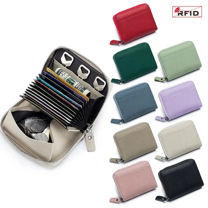 Women's RFID Blocking Credit Wallet Minimalist Genuine Leather Zippered Small Coin Purse Organ Card Holder with 3 Key Slot