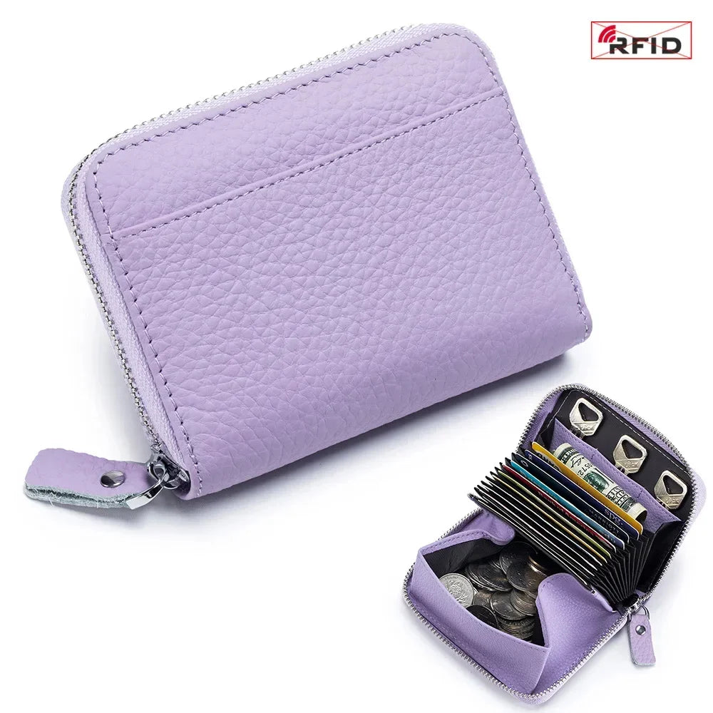 Women's RFID Blocking Credit Wallet Minimalist Genuine Leather Zippered Small Coin Purse Organ Card Holder with 3 Key Slot