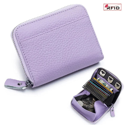 Women's RFID Blocking Credit Wallet Minimalist Genuine Leather Zippered Small Coin Purse Organ Card Holder with 3 Key Slot