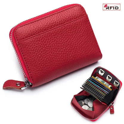 Women's RFID Blocking Credit Wallet Minimalist Genuine Leather Zippered Small Coin Purse Organ Card Holder with 3 Key Slot