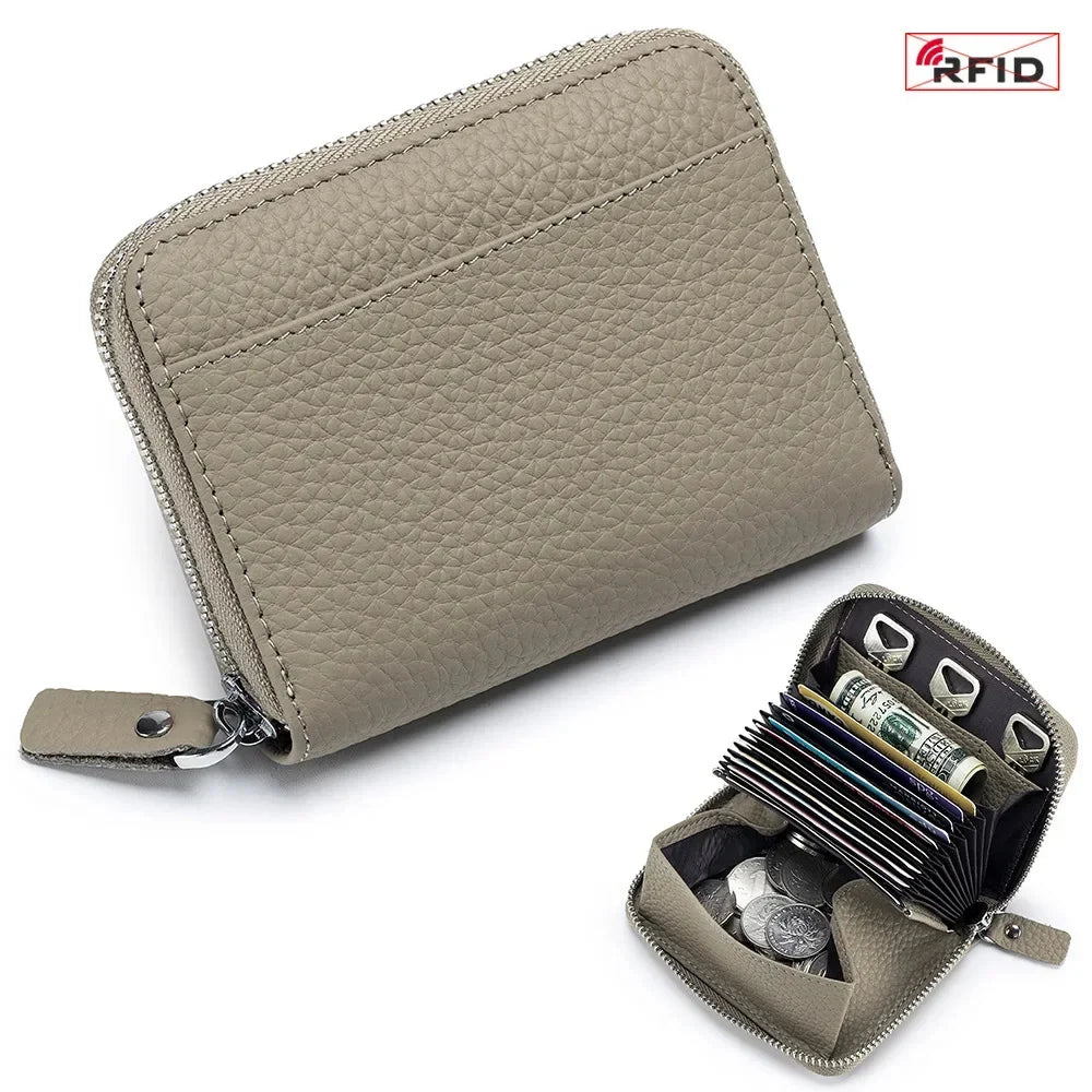 Women's RFID Blocking Credit Wallet Minimalist Genuine Leather Zippered Small Coin Purse Organ Card Holder with 3 Key Slot