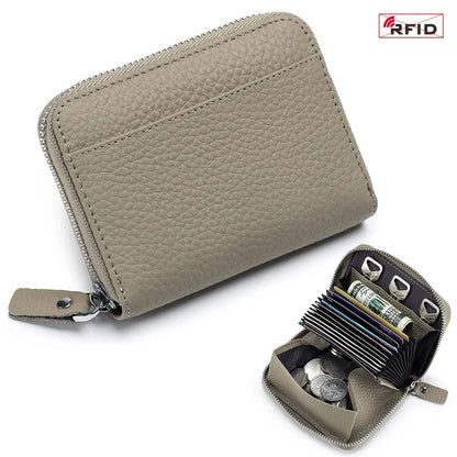 Women's RFID Blocking Credit Wallet Minimalist Genuine Leather Zippered Small Coin Purse Organ Card Holder with 3 Key Slot
