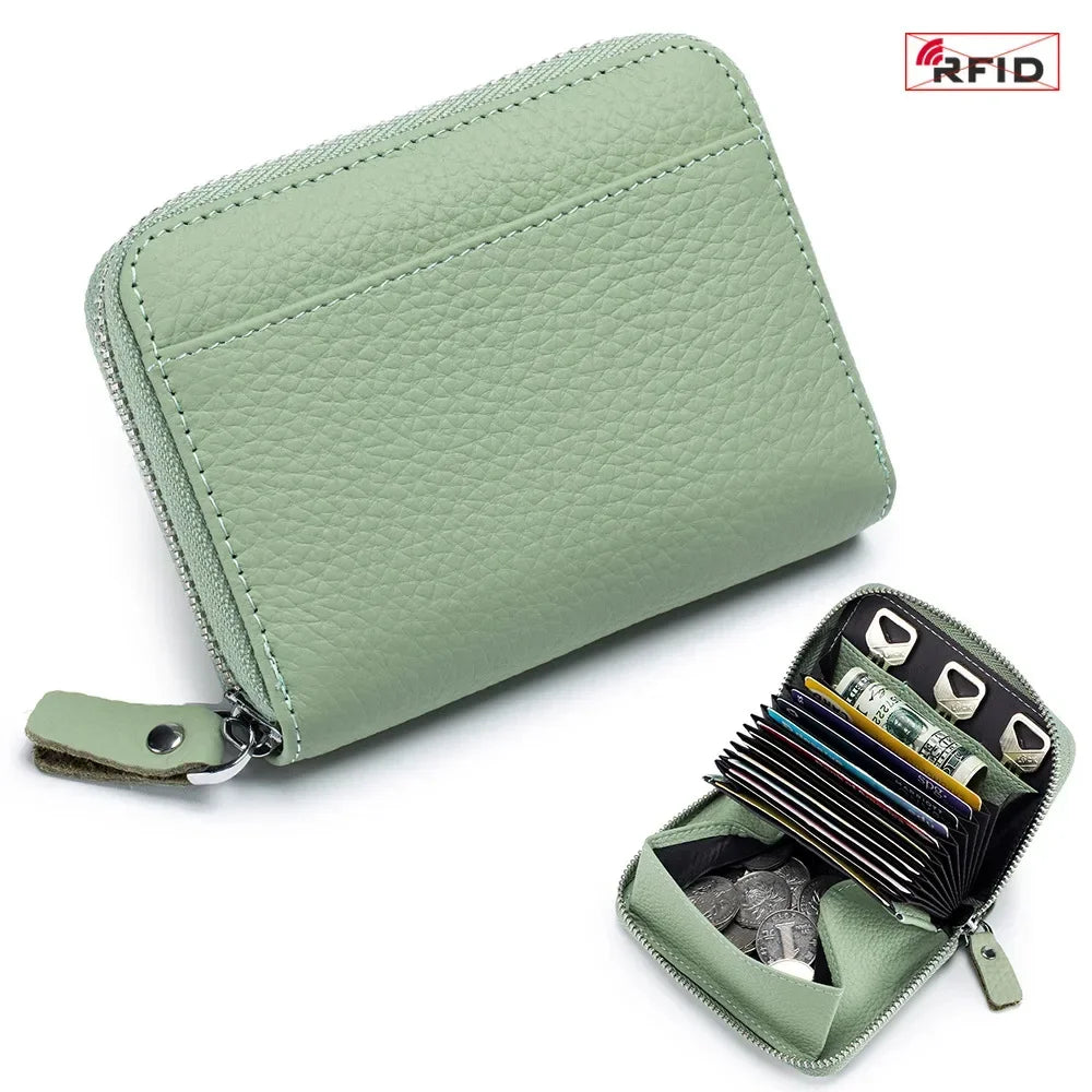 Women's RFID Blocking Credit Wallet Minimalist Genuine Leather Zippered Small Coin Purse Organ Card Holder with 3 Key Slot