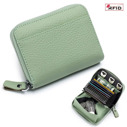 Women's RFID Blocking Credit Wallet Minimalist Genuine Leather Zippered Small Coin Purse Organ Card Holder with 3 Key Slot