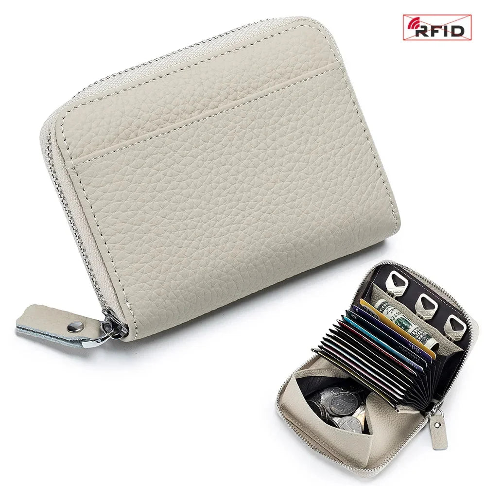 Women's RFID Blocking Credit Wallet Minimalist Genuine Leather Zippered Small Coin Purse Organ Card Holder with 3 Key Slot