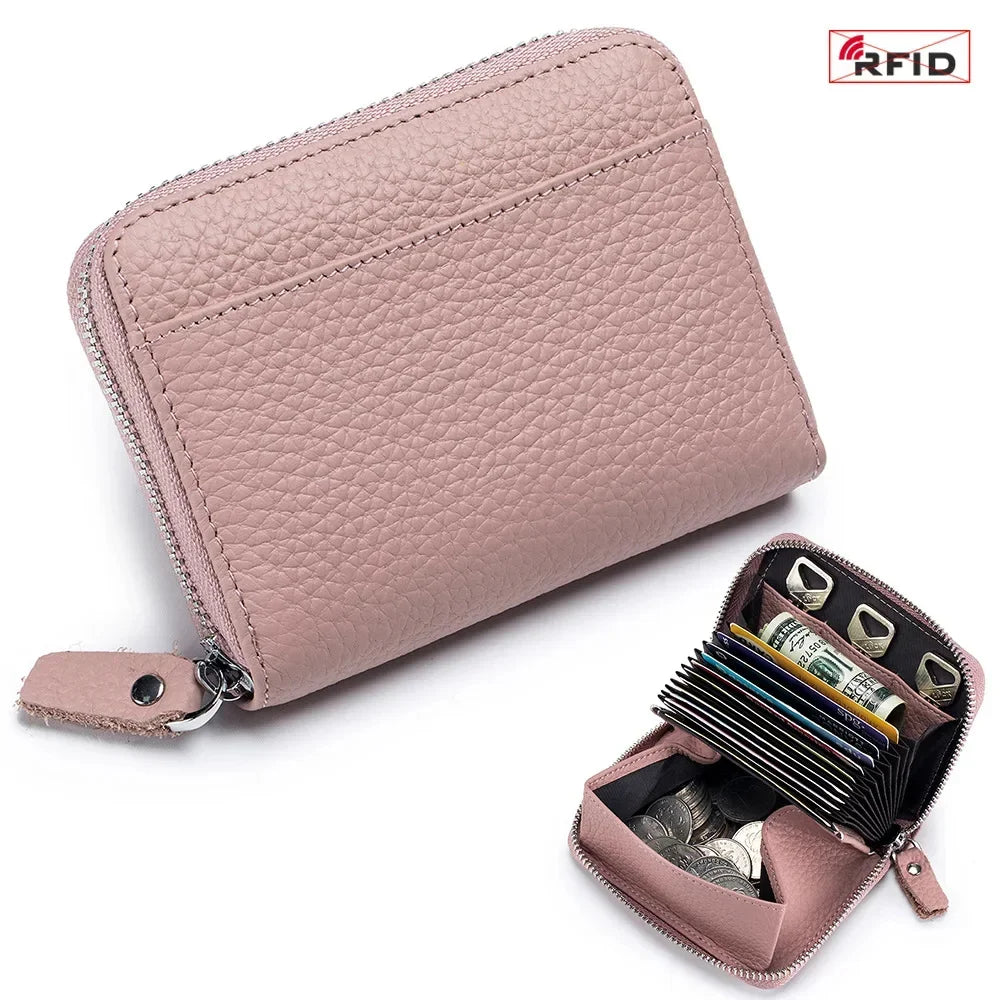 Women's RFID Blocking Credit Wallet Minimalist Genuine Leather Zippered Small Coin Purse Organ Card Holder with 3 Key Slot
